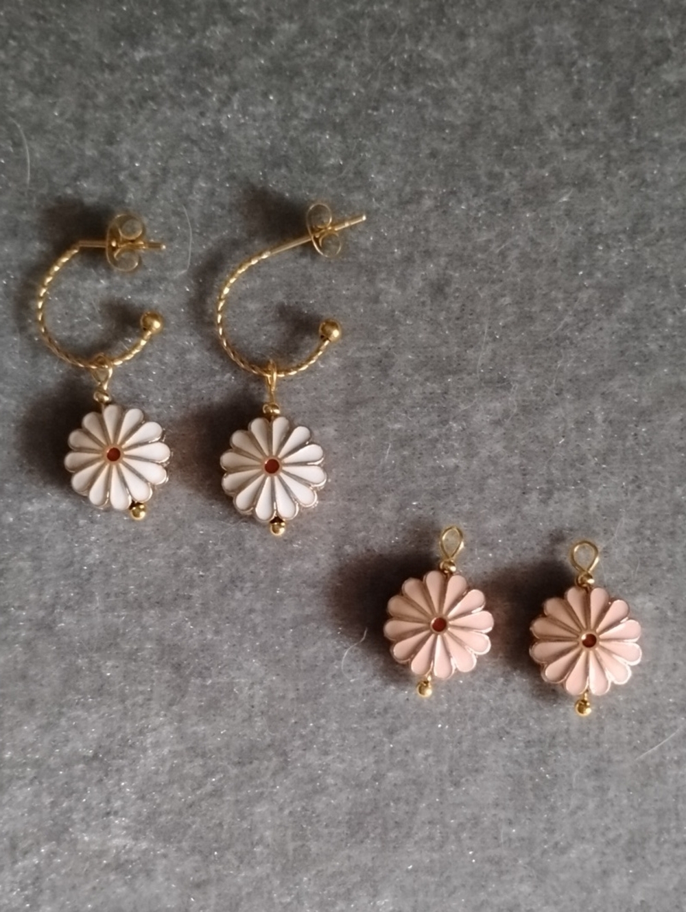 Hand Crafted Enameled Daisy Drop Earrings With 18kt Gold Hoops